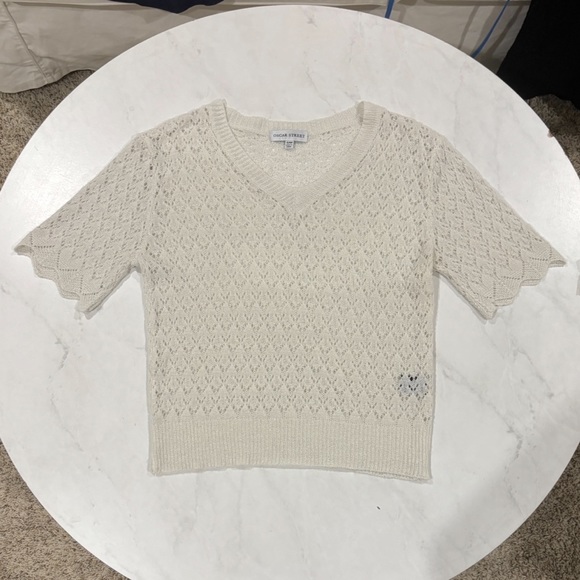 Crochet Knit V Neck Top Sweater White Ivory Coverup Size Small Medium S/M - Picture 7 of 9